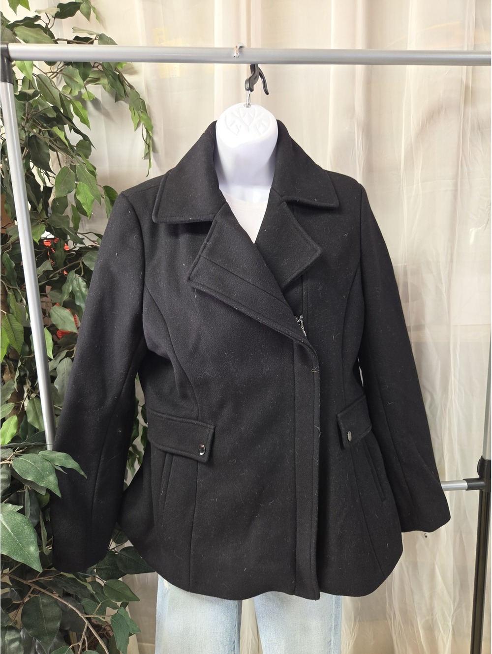 Kristen Blake Black Wool Blend Asymmetric Peacoat Winter Coat Womens Size PL